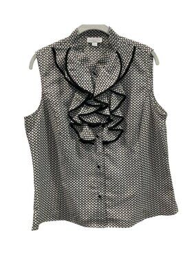 Tahari Printed Ruffle Blouse PL White Black Sleeveless Victorian Feminine Layers